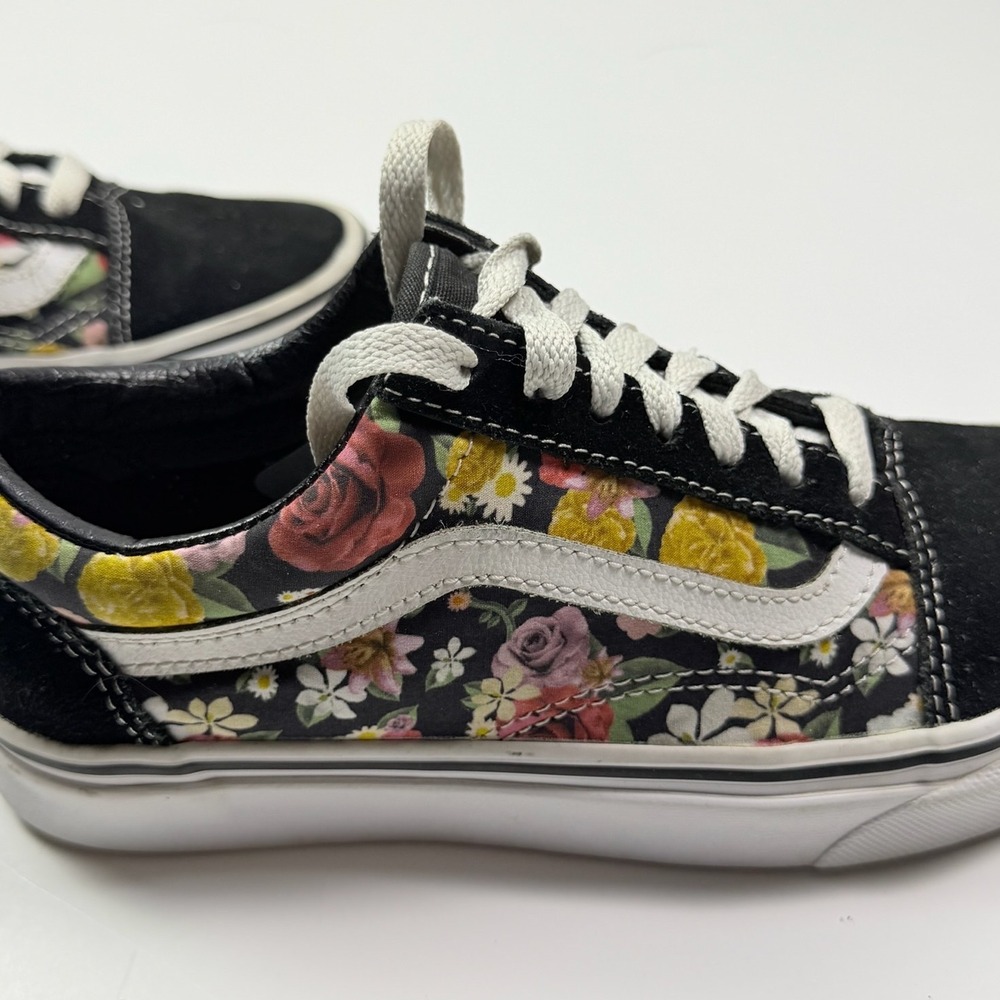 Vans Old Skool Floral Black Suede Canvas Low Top Skate Shoes Multi Color Womens